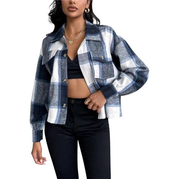 Blue Plaid Print Corduroy Cropped Jacket Shacket Button Down Long Sleeve Coat - Picture 6 of 6